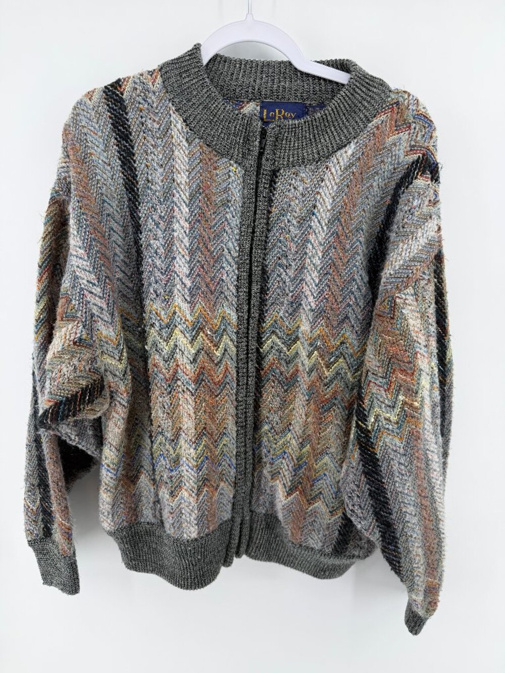 Vintage LeRoy Herringbone Knit Sweater Zip L Zig Zag Cardigan